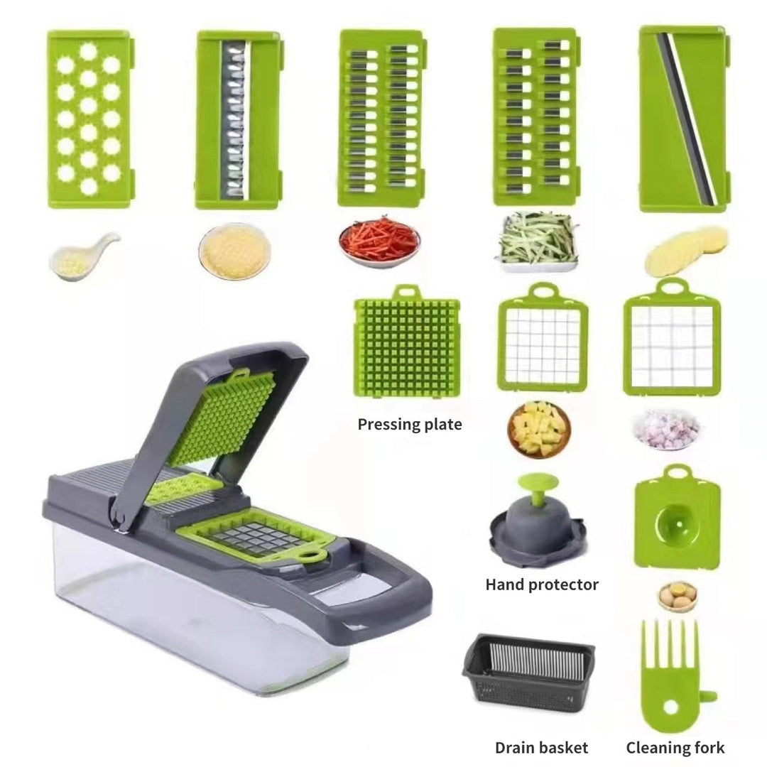 12-in-1 Vegetable Chopper, Slicer & Grater with Draining Basket